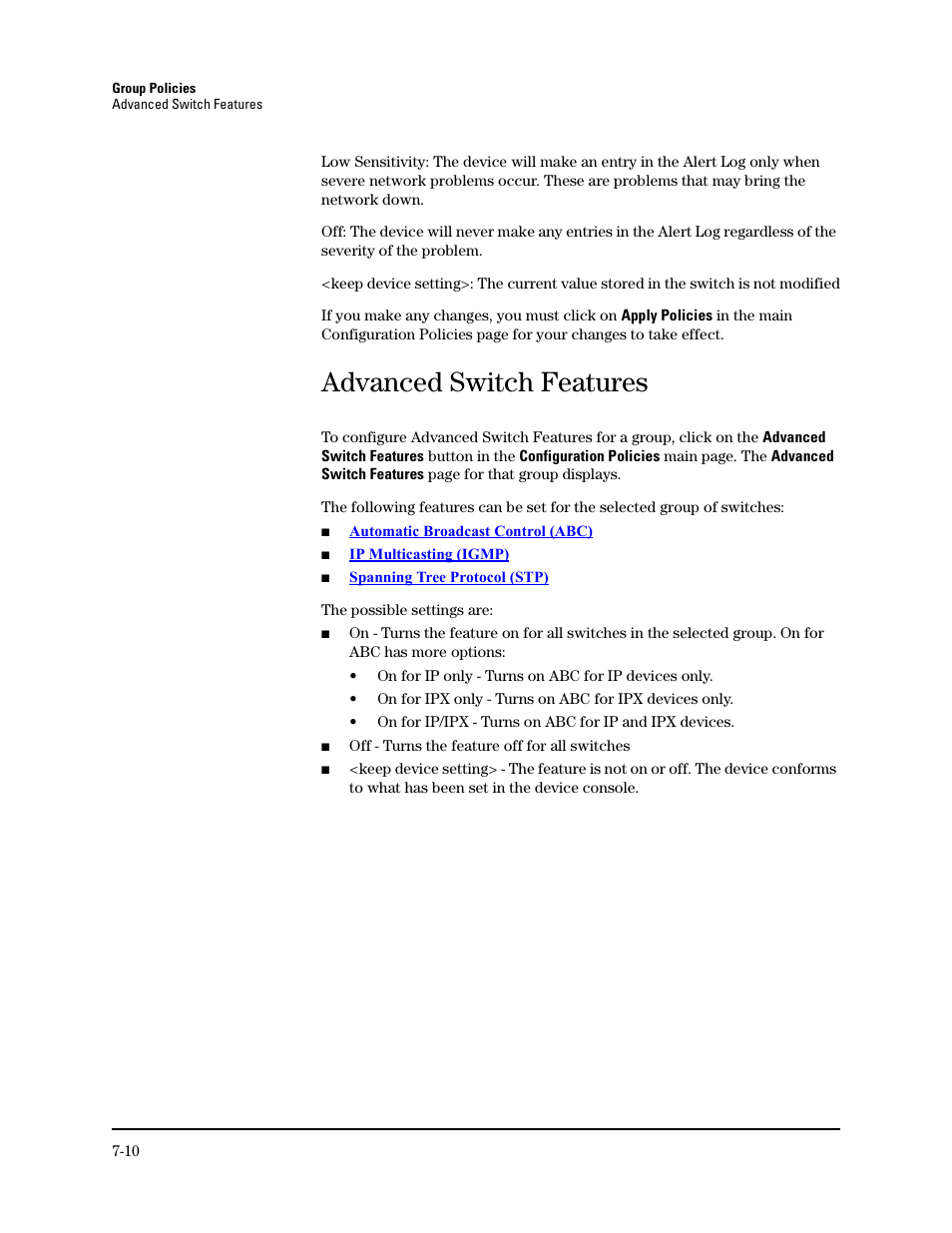 Advanced switch features | HP TopTools for Hubs and Switches User Manual | Page 72 / 234
