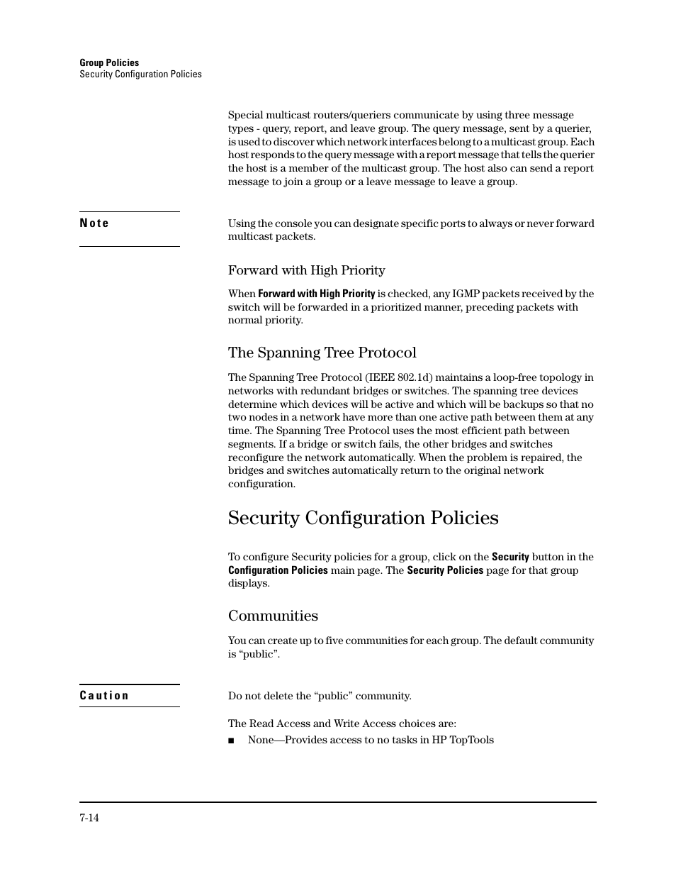 The spanning tree protocol, Security configuration policies, Communities | The spanning tree protocol -14, Communities -14, Spanning tree protocol (stp) | HP TopTools for Hubs and Switches User Manual | Page 76 / 234