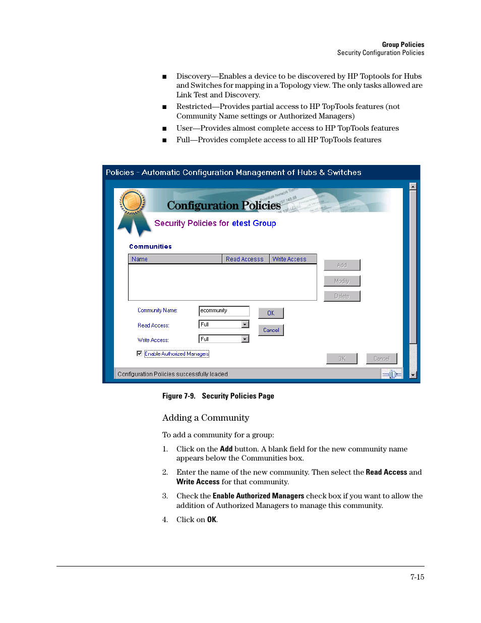 Adding a community | HP TopTools for Hubs and Switches User Manual | Page 77 / 234