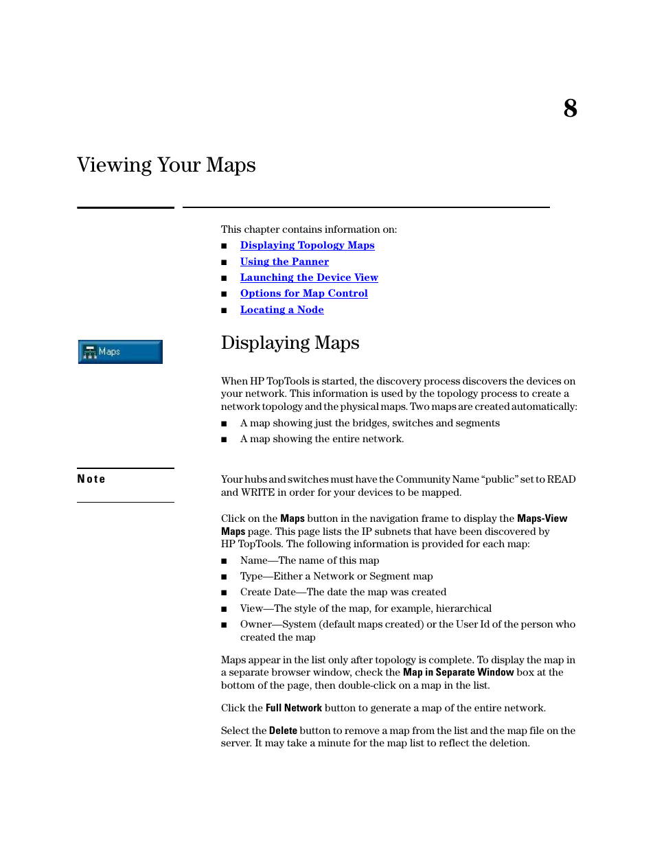 Viewing your maps, Displaying maps, 8 viewing your maps | HP TopTools for Hubs and Switches User Manual | Page 79 / 234