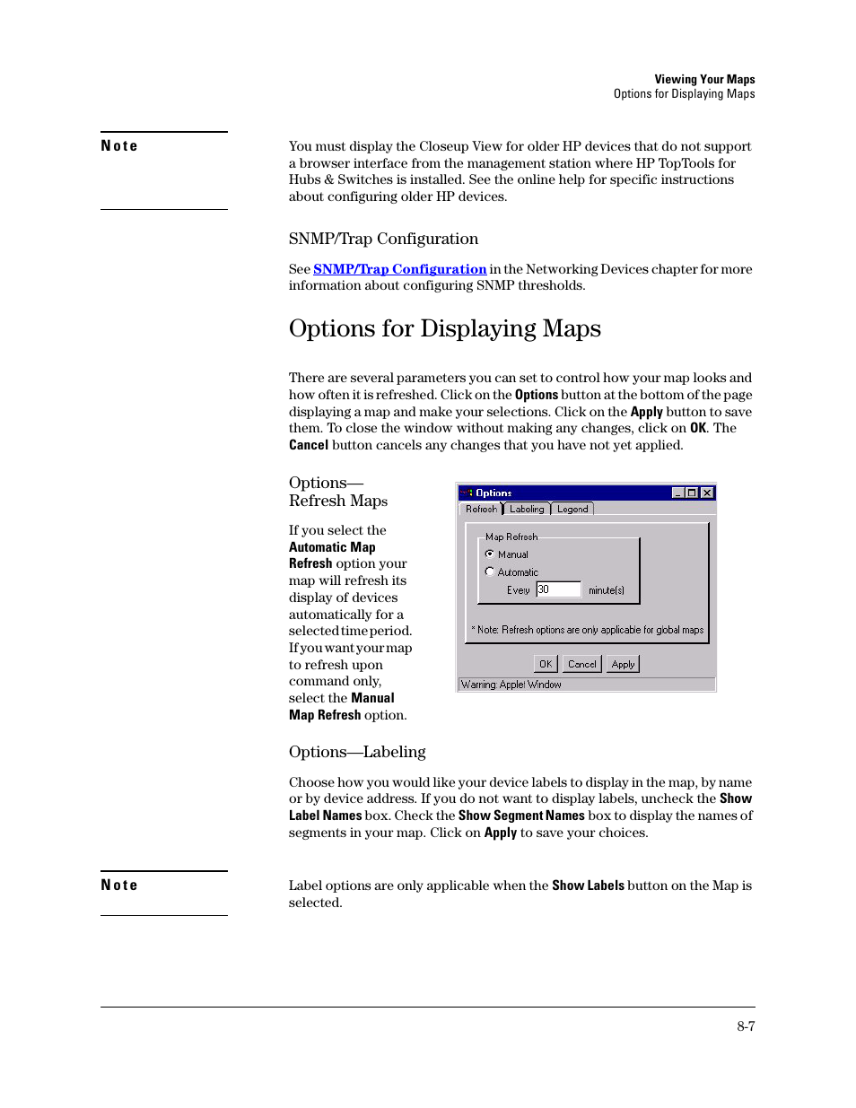 Options for displaying maps, Options for map control, Option | HP TopTools for Hubs and Switches User Manual | Page 85 / 234