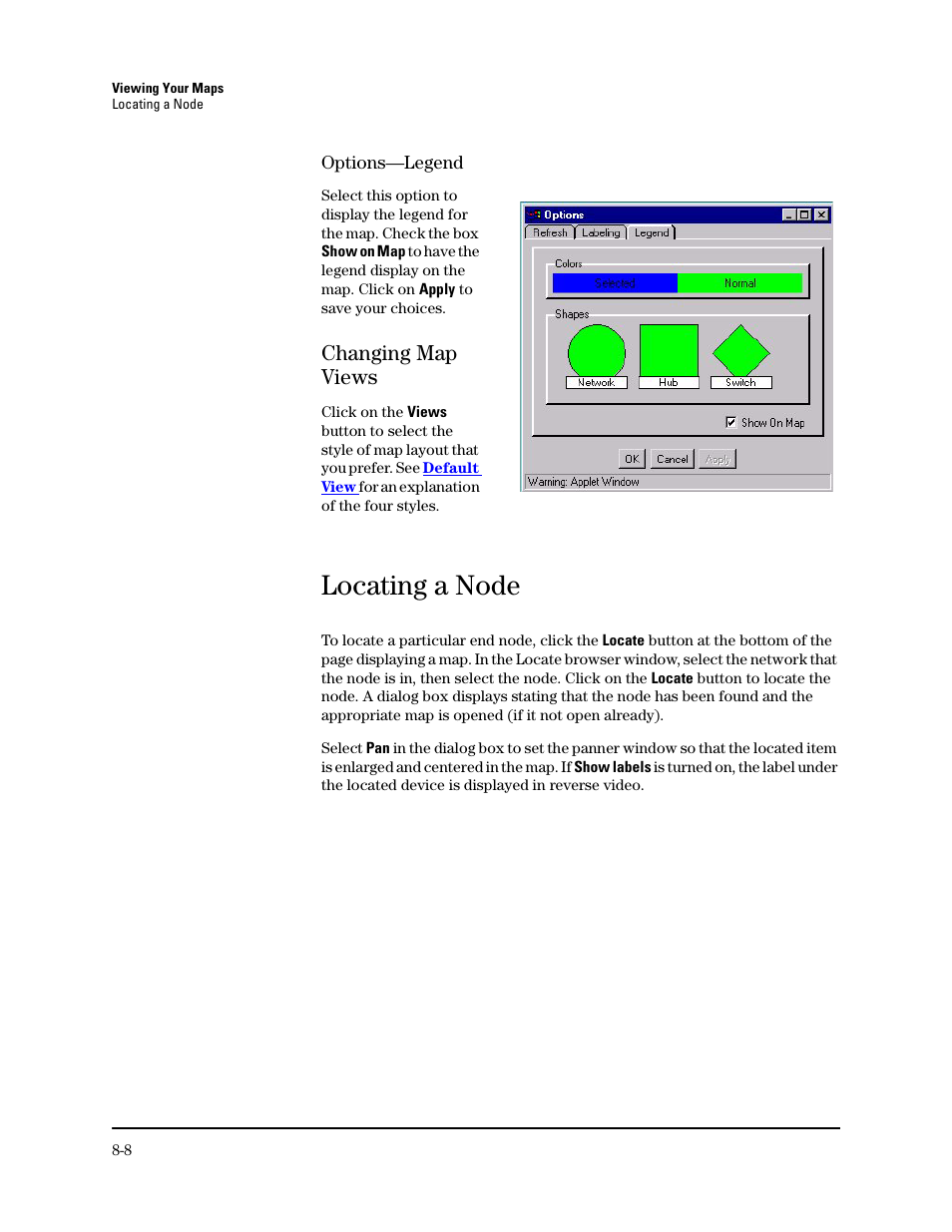 Changing map views, Locating a node, Changing map views -8 | View, Locat | HP TopTools for Hubs and Switches User Manual | Page 86 / 234