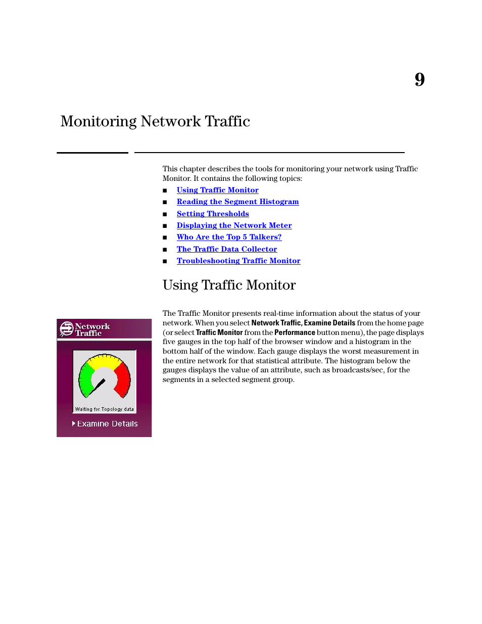 Monitoring network traffic, Using traffic monitor, 9 monitoring network traffic | Traffic monitor | HP TopTools for Hubs and Switches User Manual | Page 89 / 234