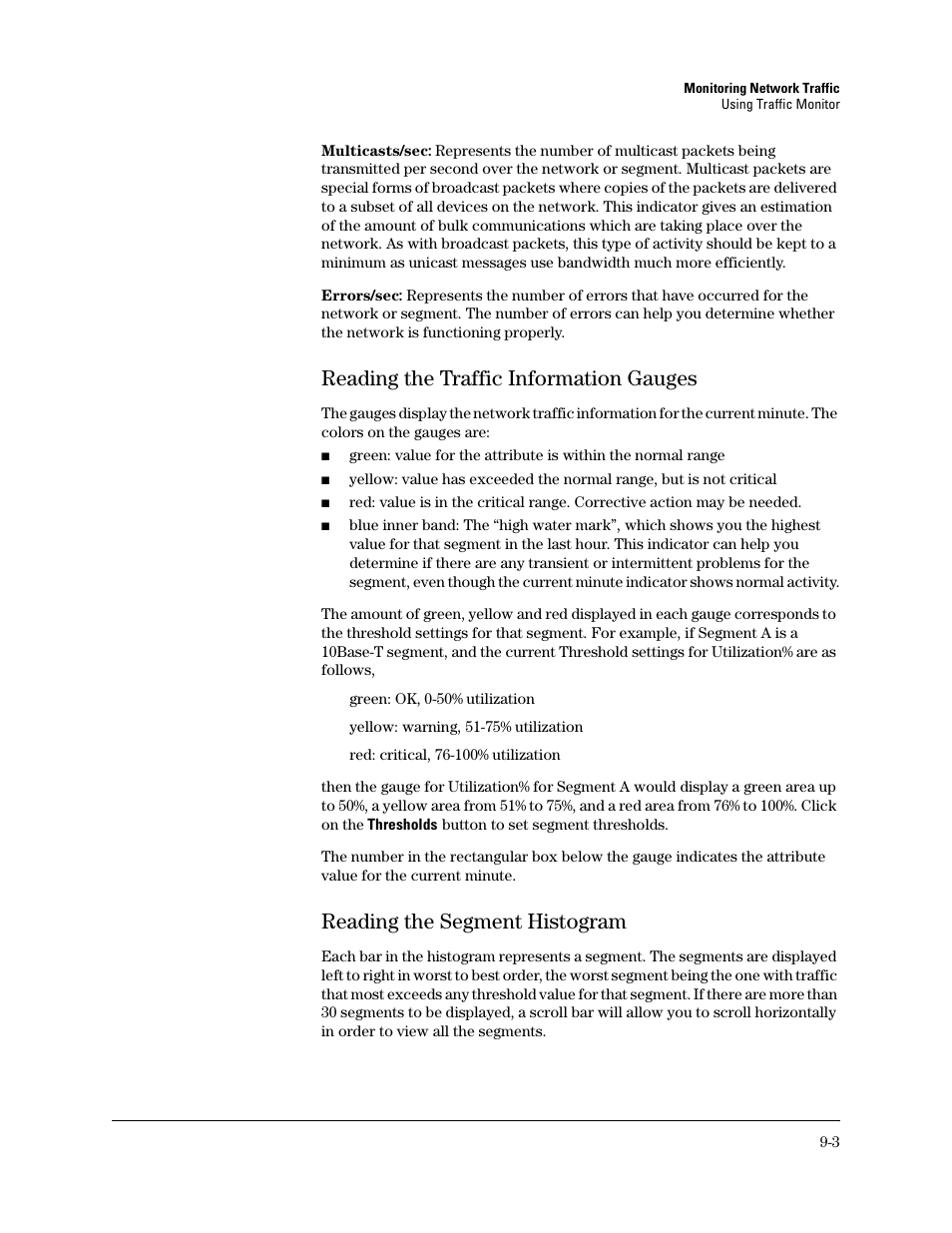 Reading the traffic information gauges, Reading the segment histogram, Reading the traffic information gauges -3 | Reading the segment histogram -3 | HP TopTools for Hubs and Switches User Manual | Page 91 / 234