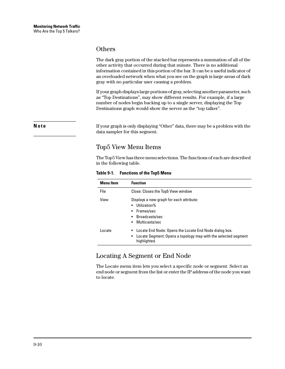 Others, Top5 view menu items, Locating a segment or end node | Others -10, Top5 view menu items -10, Locating a segment or end node -10 | HP TopTools for Hubs and Switches User Manual | Page 98 / 234