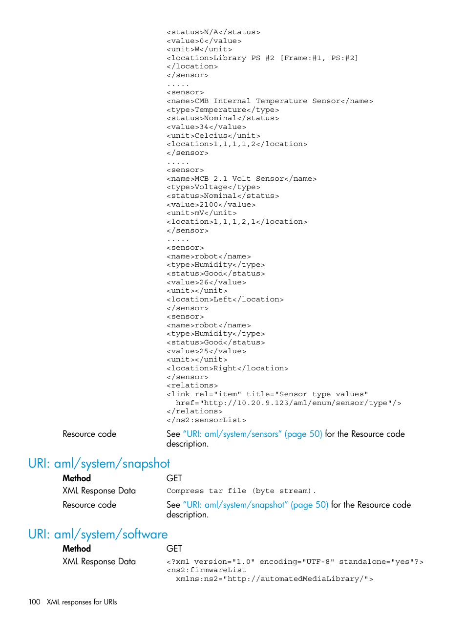 Uri: aml/system/snapshot, Uri: aml/system/software, Uri: aml/system/snapshot uri: aml/system/software | HP StoreEver ESL G3 Tape Libraries User Manual | Page 100 / 107