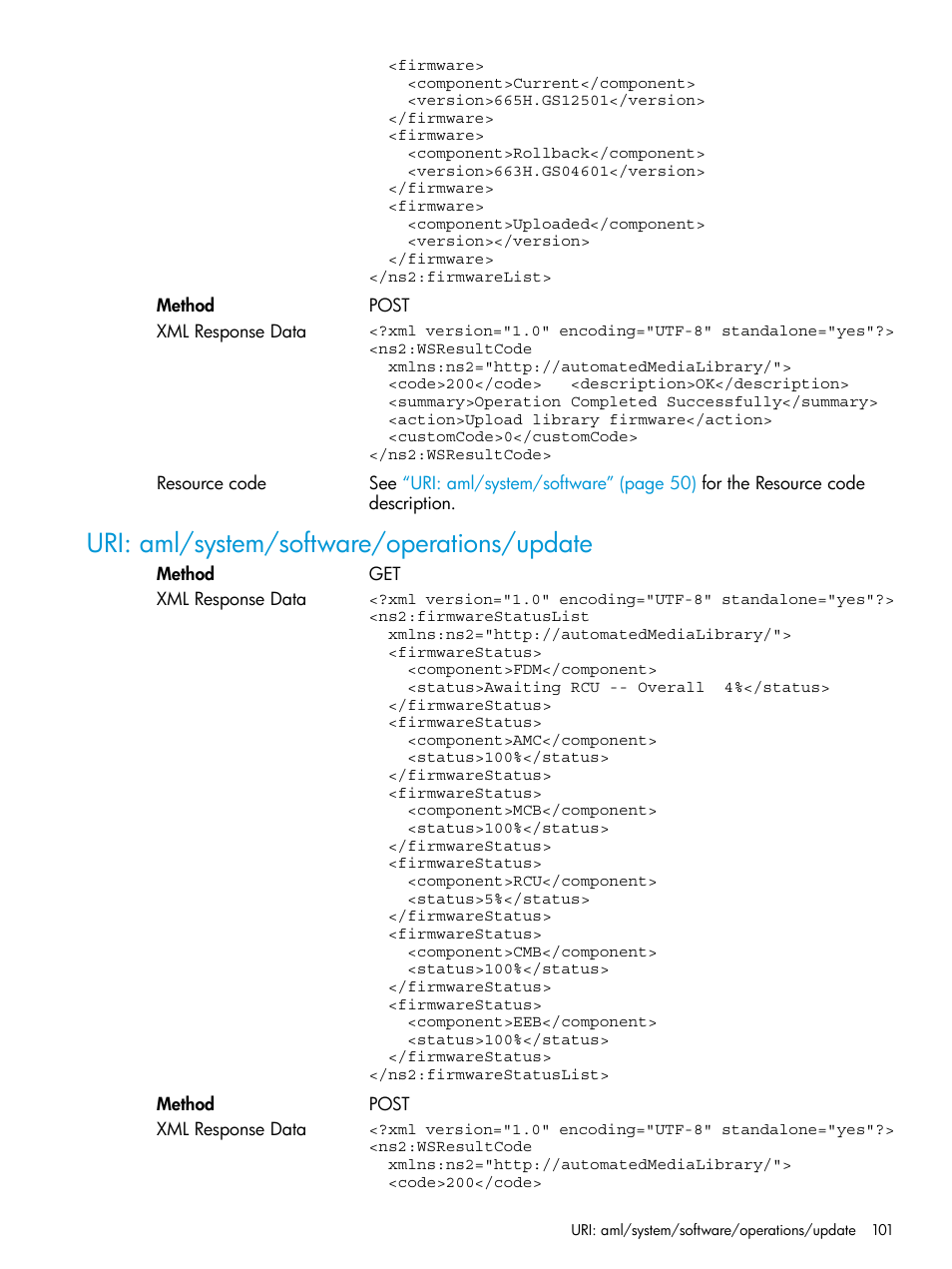 Uri: aml/system/software/operations/update | HP StoreEver ESL G3 Tape Libraries User Manual | Page 101 / 107