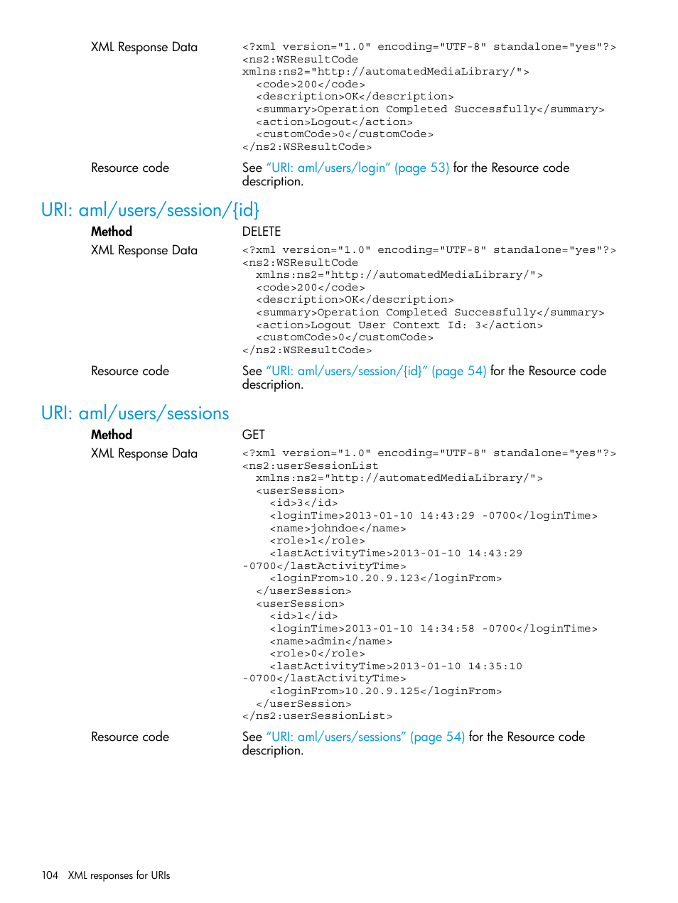 Uri: aml/users/session/{id, Uri: aml/users/sessions | HP StoreEver ESL G3 Tape Libraries User Manual | Page 104 / 107