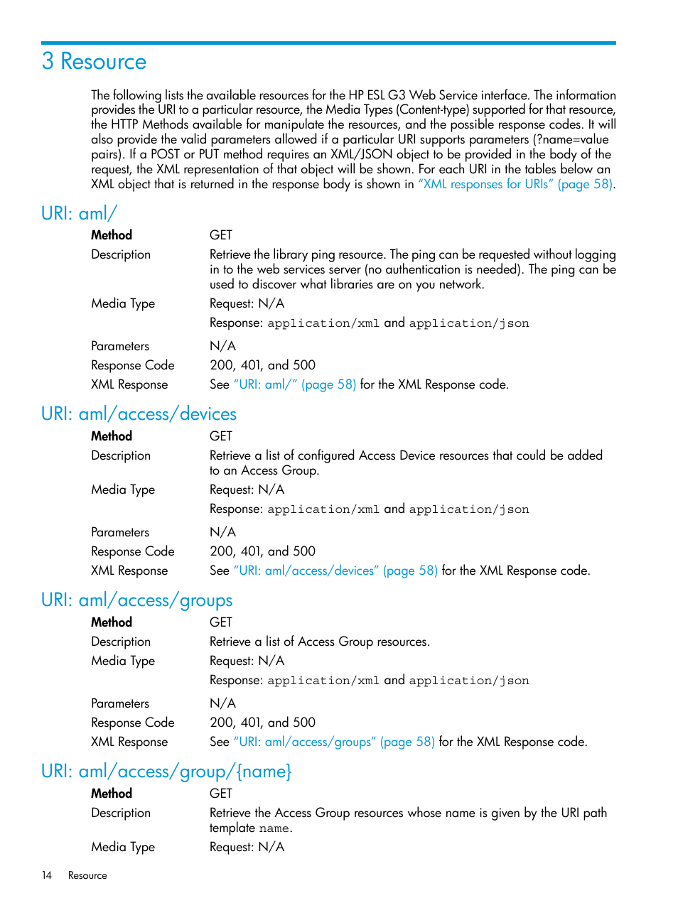 3 resource, Uri: aml, Uri: aml/access/devices | Uri: aml/access/groups, Uri: aml/access/group/{name | HP StoreEver ESL G3 Tape Libraries User Manual | Page 14 / 107
