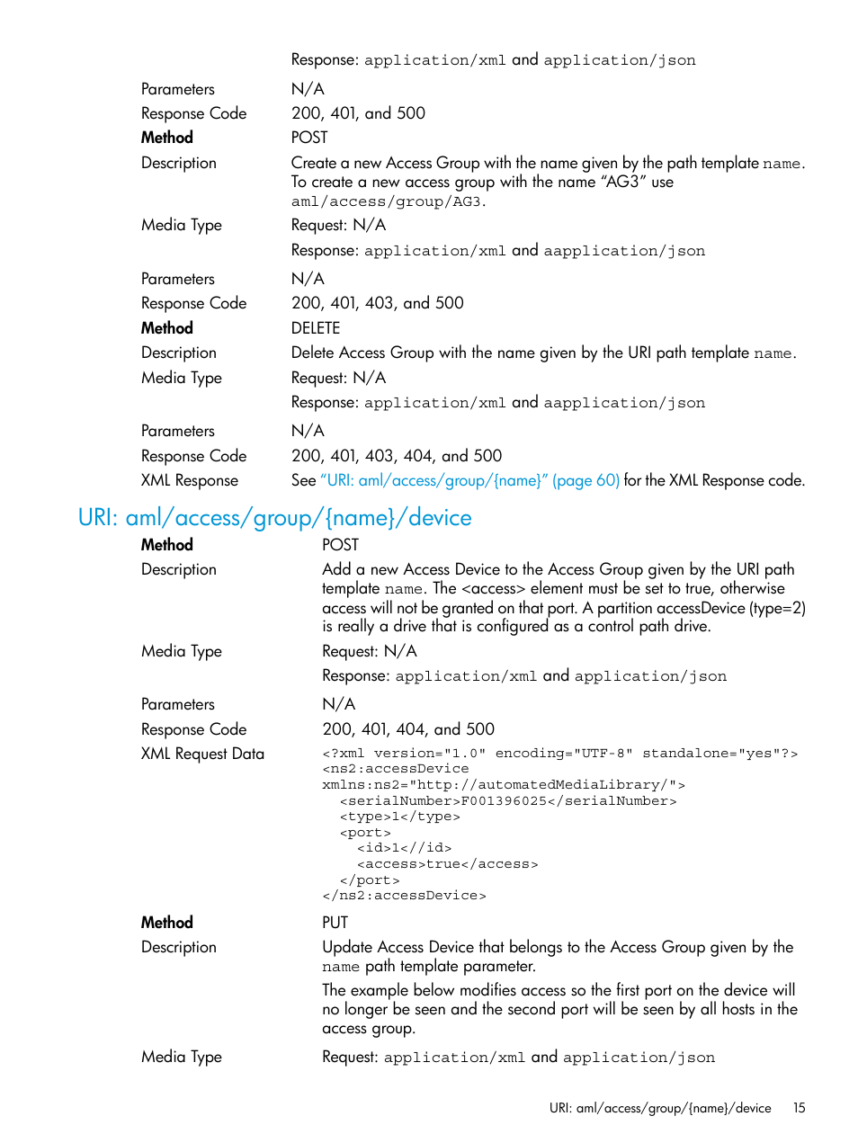 Uri: aml/access/group/{name}/device | HP StoreEver ESL G3 Tape Libraries User Manual | Page 15 / 107