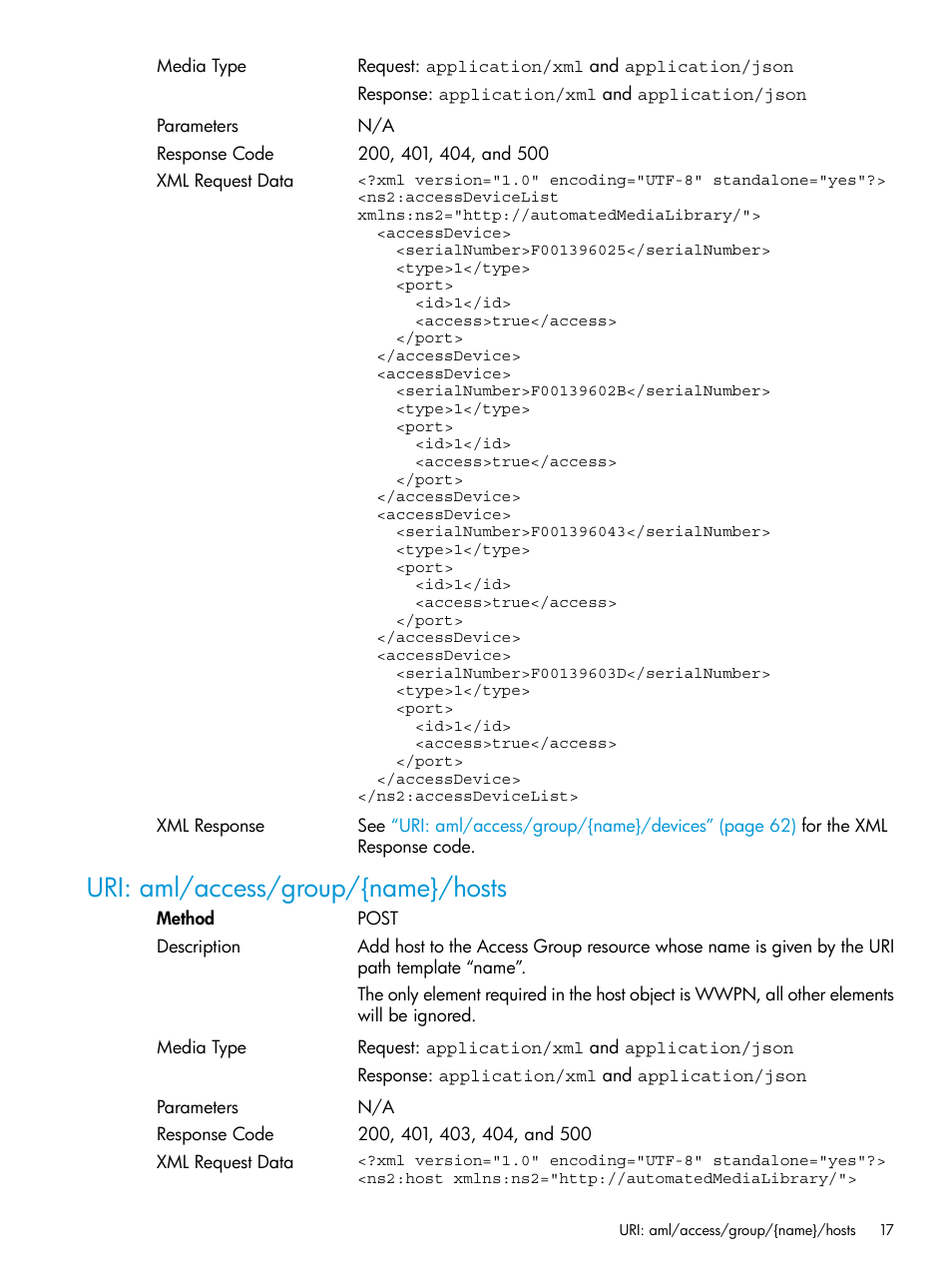Uri: aml/access/group/{name}/hosts | HP StoreEver ESL G3 Tape Libraries User Manual | Page 17 / 107