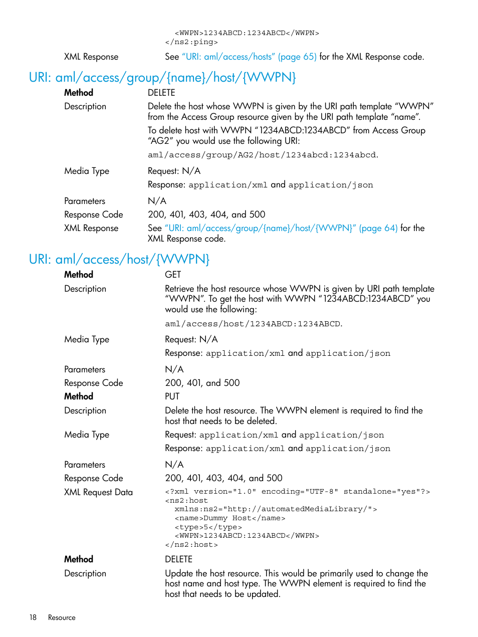 Uri: aml/access/group/{name}/host/{wwpn, Uri: aml/access/host/{wwpn | HP StoreEver ESL G3 Tape Libraries User Manual | Page 18 / 107
