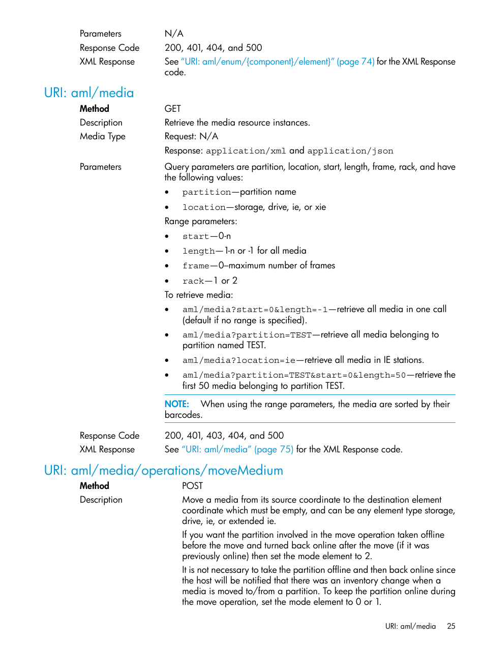 Uri: aml/media, Uri: aml/media/operations/movemedium | HP StoreEver ESL G3 Tape Libraries User Manual | Page 25 / 107