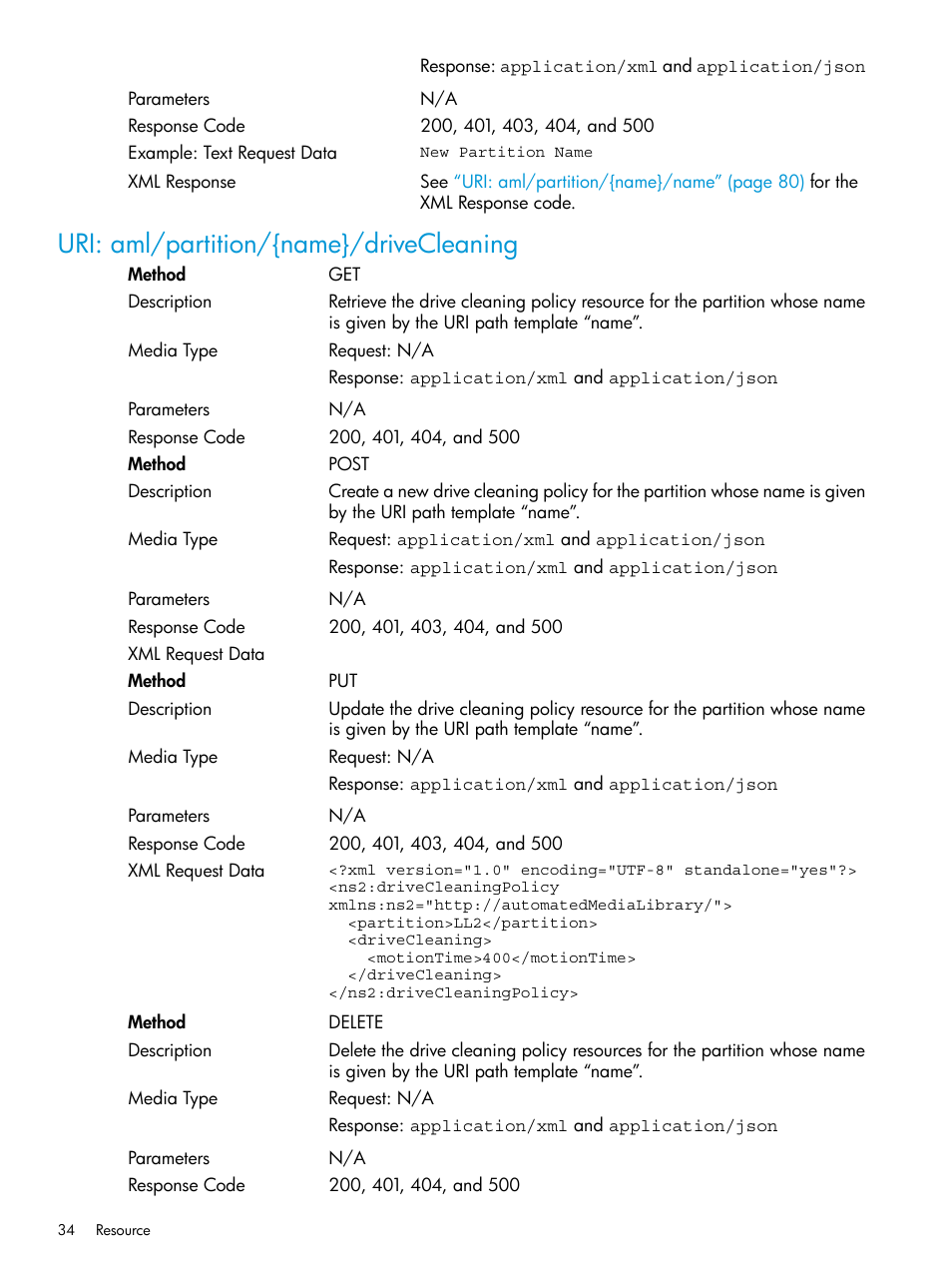 Uri: aml/partition/{name}/drivecleaning | HP StoreEver ESL G3 Tape Libraries User Manual | Page 34 / 107
