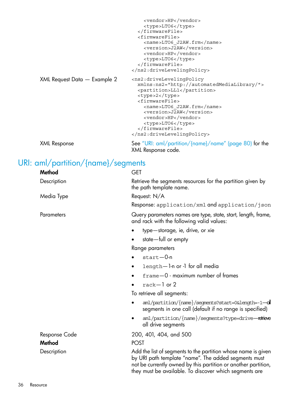 Uri: aml/partition/{name}/segments | HP StoreEver ESL G3 Tape Libraries User Manual | Page 36 / 107