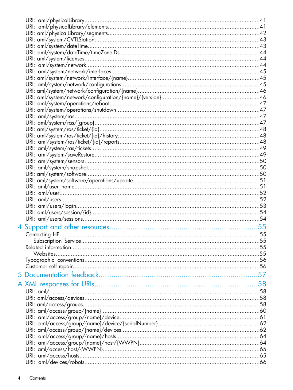 4 support and other resources, 5 documentation feedback a xml responses for uris | HP StoreEver ESL G3 Tape Libraries User Manual | Page 4 / 107