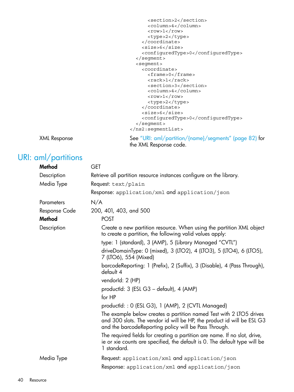 Uri: aml/partitions | HP StoreEver ESL G3 Tape Libraries User Manual | Page 40 / 107