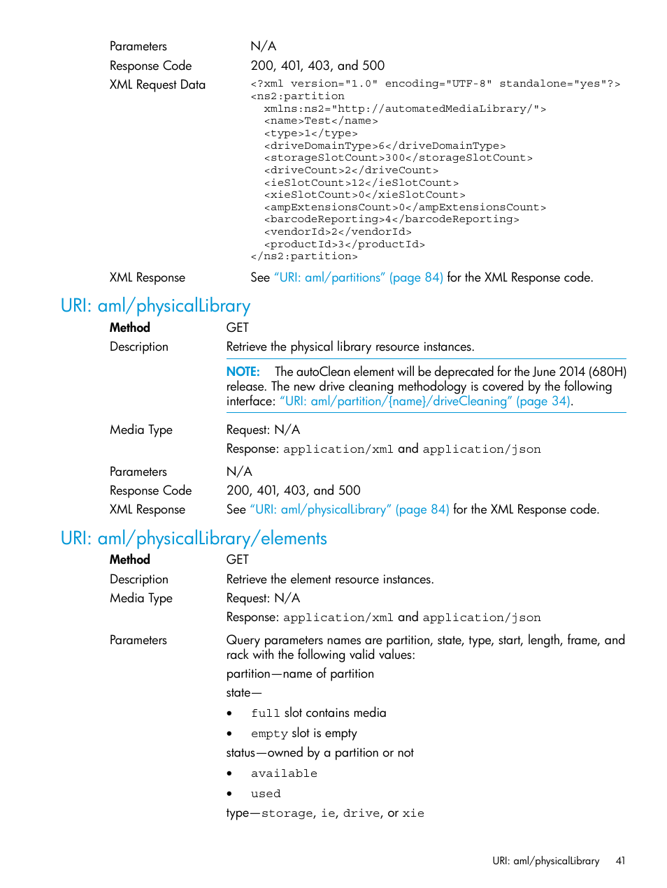 Uri: aml/physicallibrary, Uri: aml/physicallibrary/elements | HP StoreEver ESL G3 Tape Libraries User Manual | Page 41 / 107