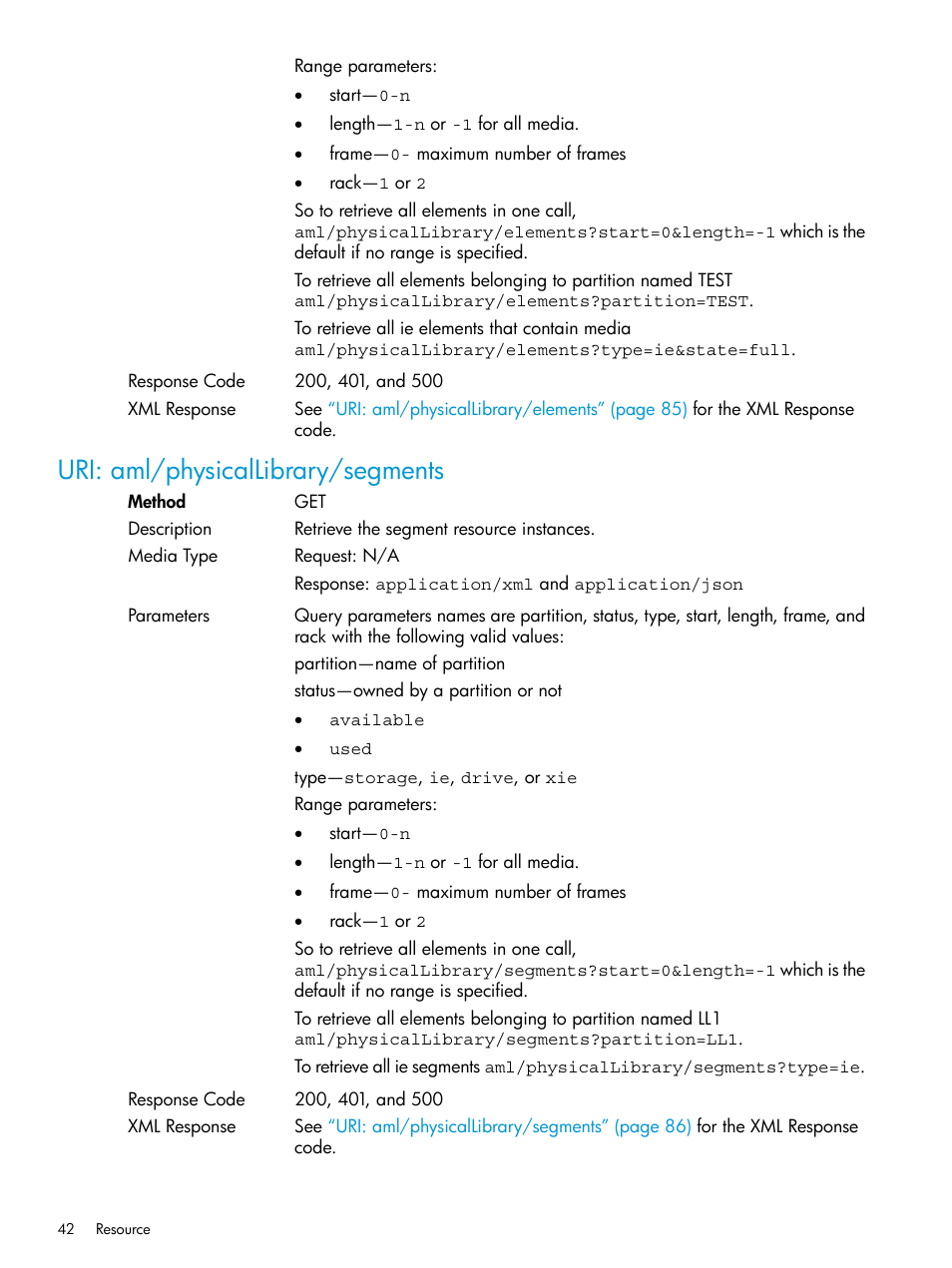 Uri: aml/physicallibrary/segments | HP StoreEver ESL G3 Tape Libraries User Manual | Page 42 / 107