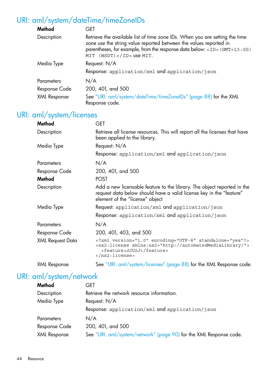 Uri: aml/system/datetime/timezoneids, Uri: aml/system/licenses, Uri: aml/system/network | HP StoreEver ESL G3 Tape Libraries User Manual | Page 44 / 107