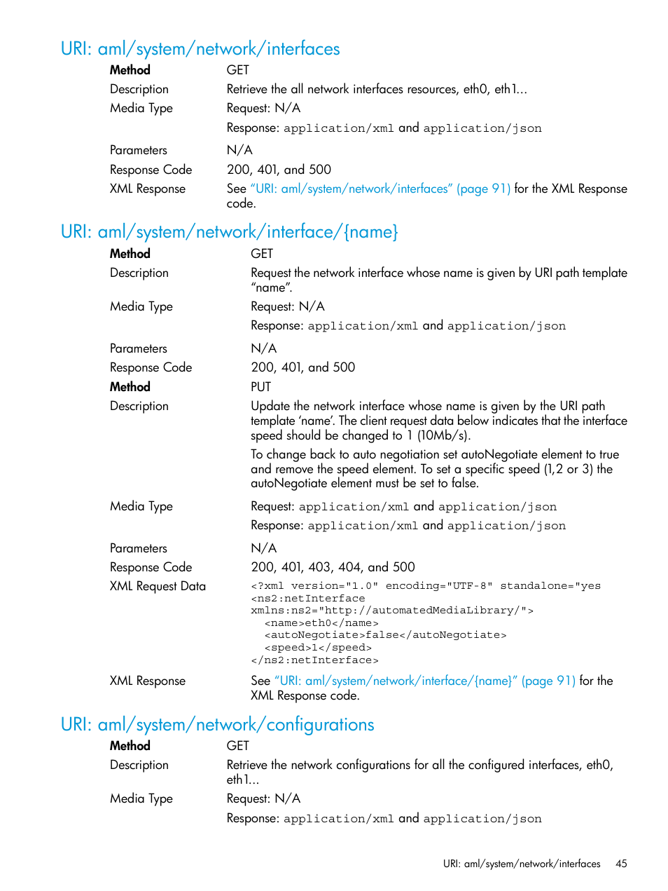 Uri: aml/system/network/interfaces, Uri: aml/system/network/interface/{name, Uri: aml/system/network/configurations | HP StoreEver ESL G3 Tape Libraries User Manual | Page 45 / 107