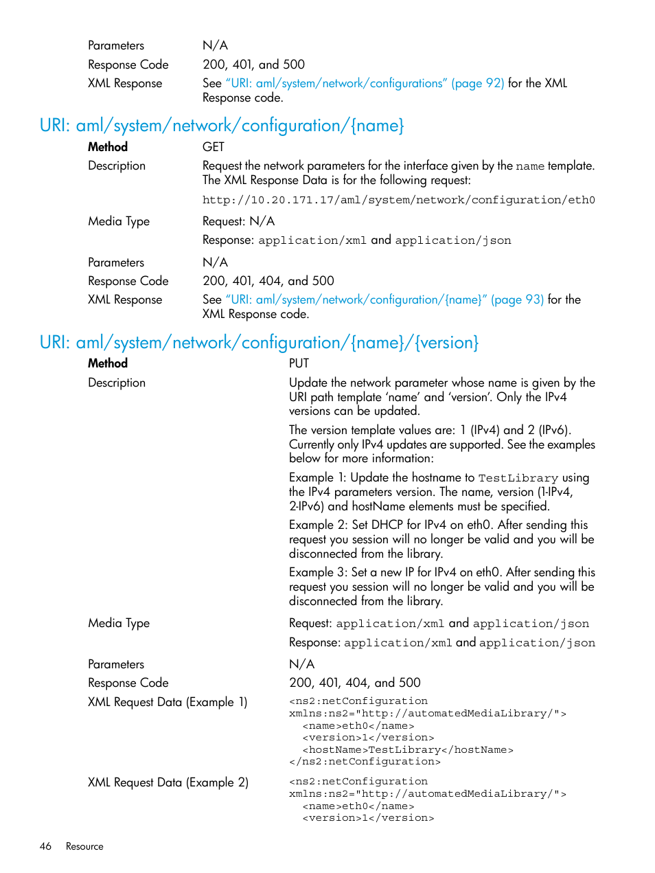 Uri: aml/system/network/configuration/{name | HP StoreEver ESL G3 Tape Libraries User Manual | Page 46 / 107
