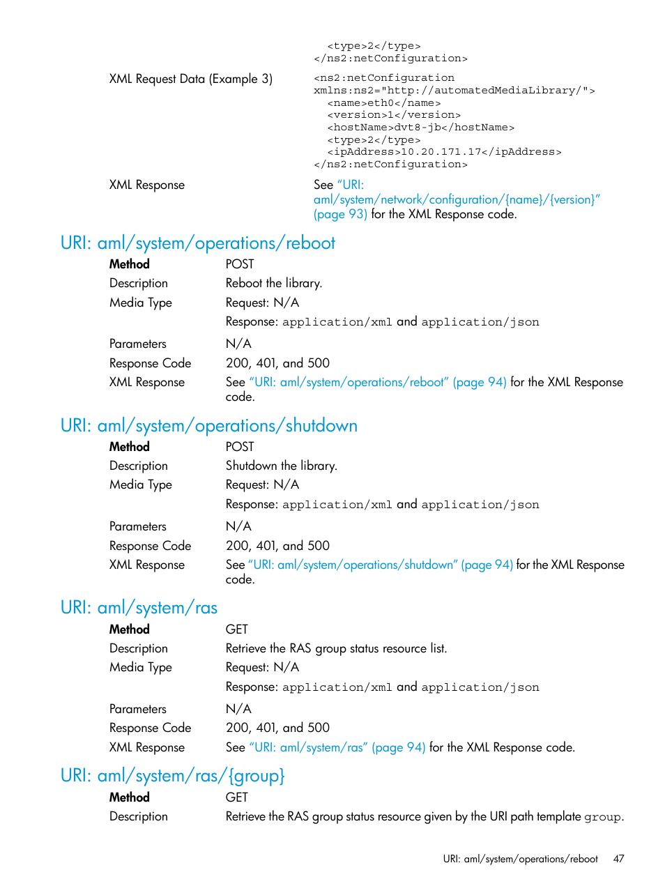 Uri: aml/system/operations/reboot, Uri: aml/system/operations/shutdown, Uri: aml/system/ras | Uri: aml/system/ras/{group | HP StoreEver ESL G3 Tape Libraries User Manual | Page 47 / 107