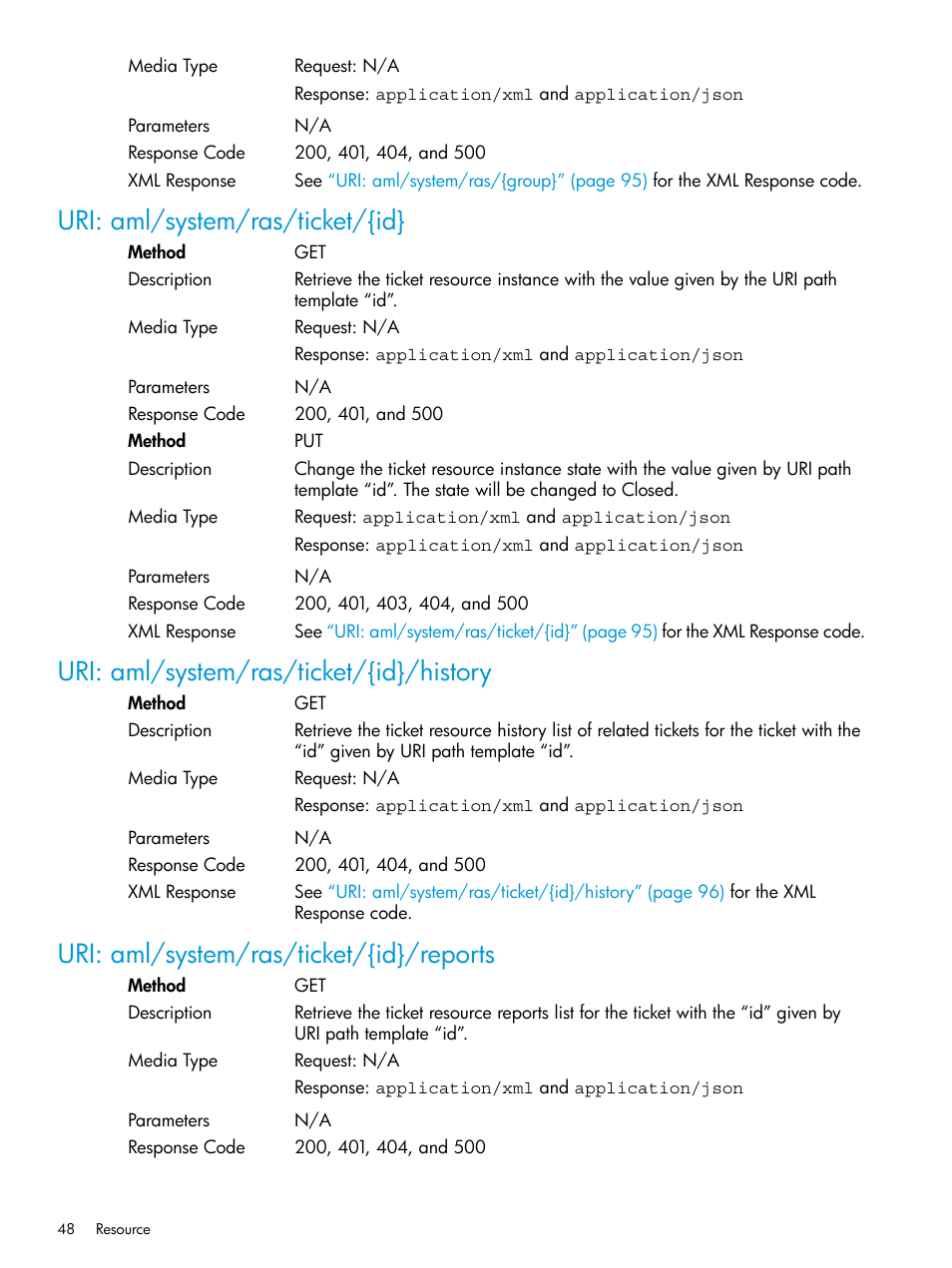 Uri: aml/system/ras/ticket/{id, Uri: aml/system/ras/ticket/{id}/history, Uri: aml/system/ras/ticket/{id}/reports | HP StoreEver ESL G3 Tape Libraries User Manual | Page 48 / 107
