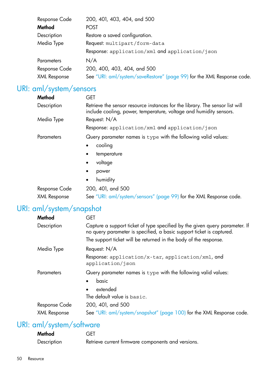 Uri: aml/system/sensors, Uri: aml/system/snapshot, Uri: aml/system/software | HP StoreEver ESL G3 Tape Libraries User Manual | Page 50 / 107
