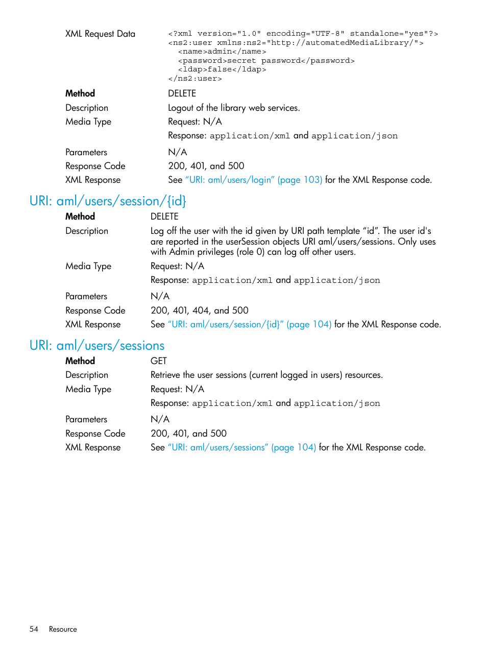 Uri: aml/users/session/{id, Uri: aml/users/sessions | HP StoreEver ESL G3 Tape Libraries User Manual | Page 54 / 107