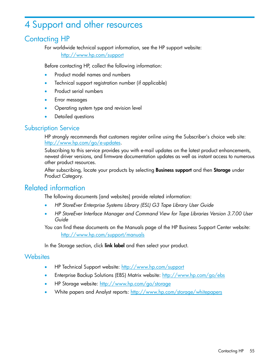 4 support and other resources, Contacting hp, Subscription service | Related information, Websites | HP StoreEver ESL G3 Tape Libraries User Manual | Page 55 / 107