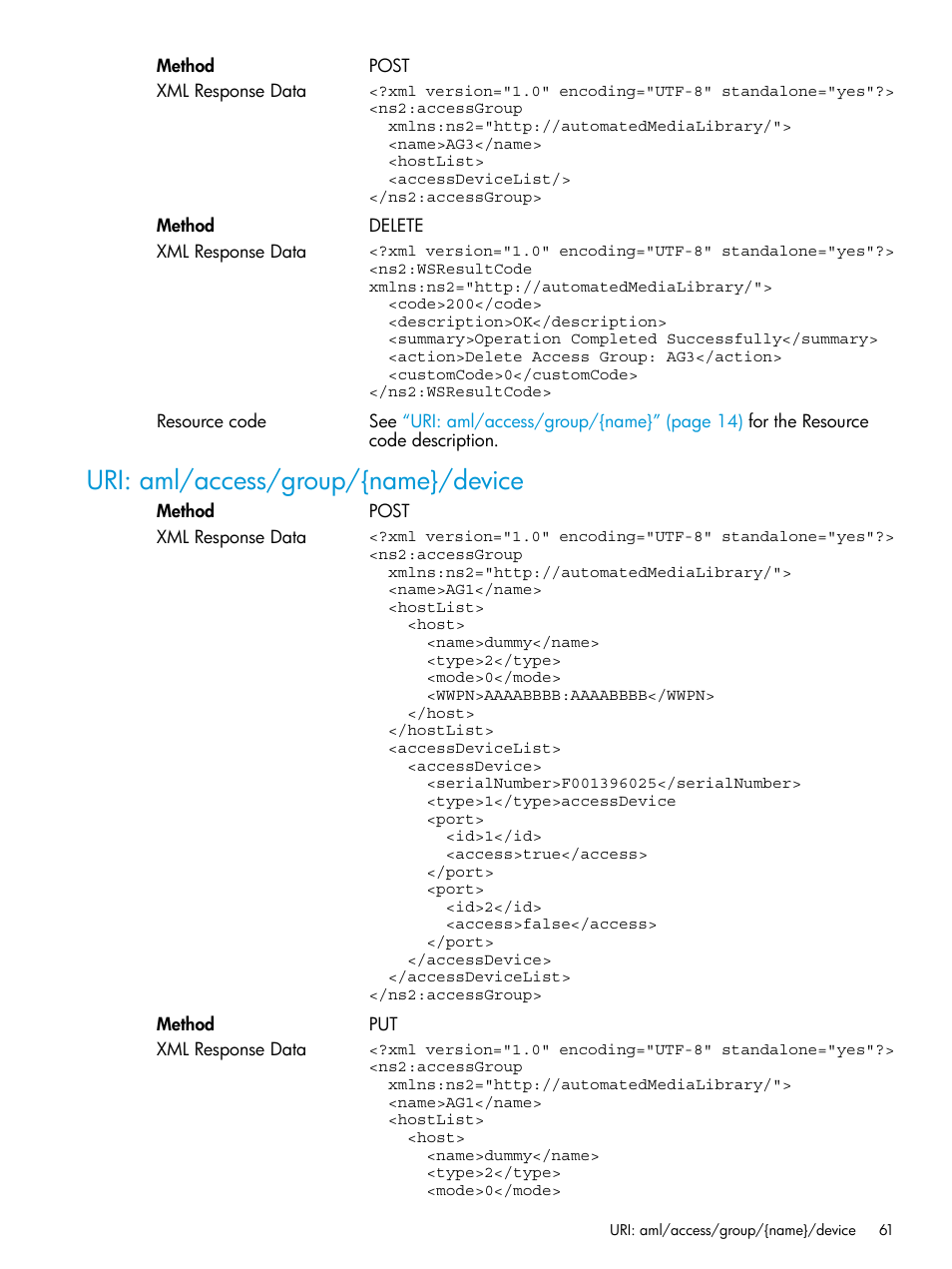 Uri: aml/access/group/{name}/device | HP StoreEver ESL G3 Tape Libraries User Manual | Page 61 / 107