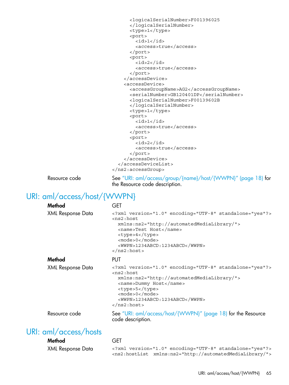 Uri: aml/access/host/{wwpn, Uri: aml/access/hosts, Uri: aml/access/host/{wwpn} uri: aml/access/hosts | HP StoreEver ESL G3 Tape Libraries User Manual | Page 65 / 107