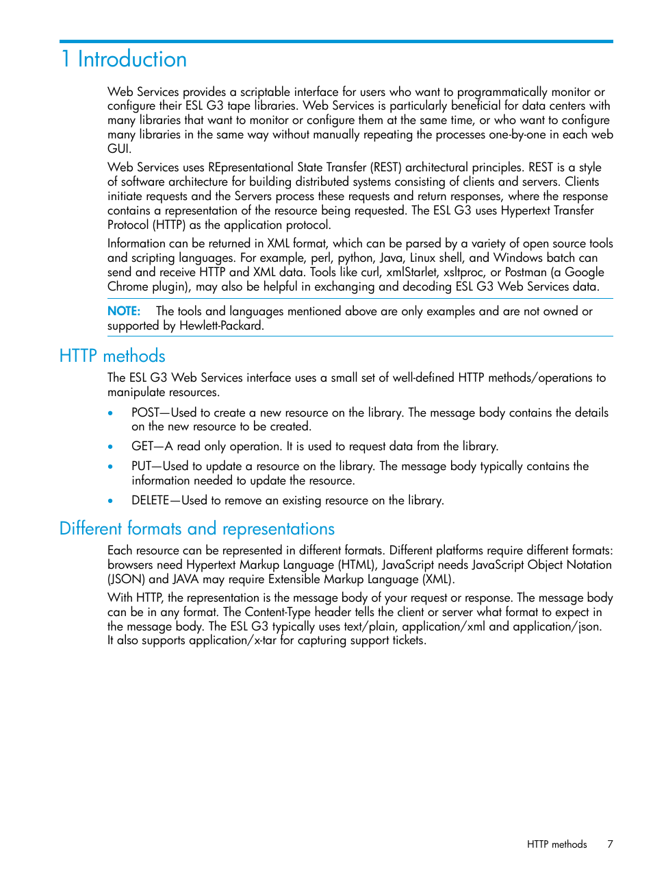 1 introduction, Http methods, Different formats and representations | Http methods different formats and representations | HP StoreEver ESL G3 Tape Libraries User Manual | Page 7 / 107