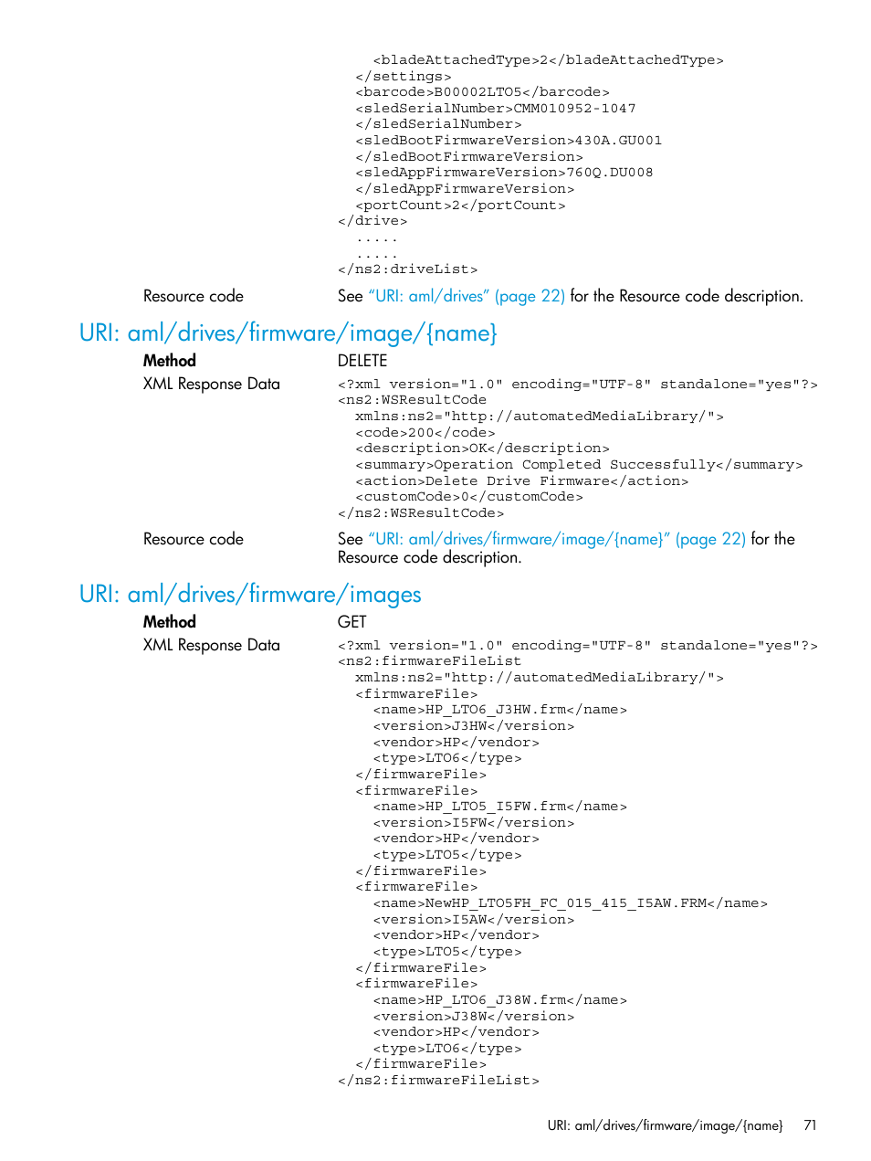 Uri: aml/drives/firmware/image/{name, Uri: aml/drives/firmware/images | HP StoreEver ESL G3 Tape Libraries User Manual | Page 71 / 107