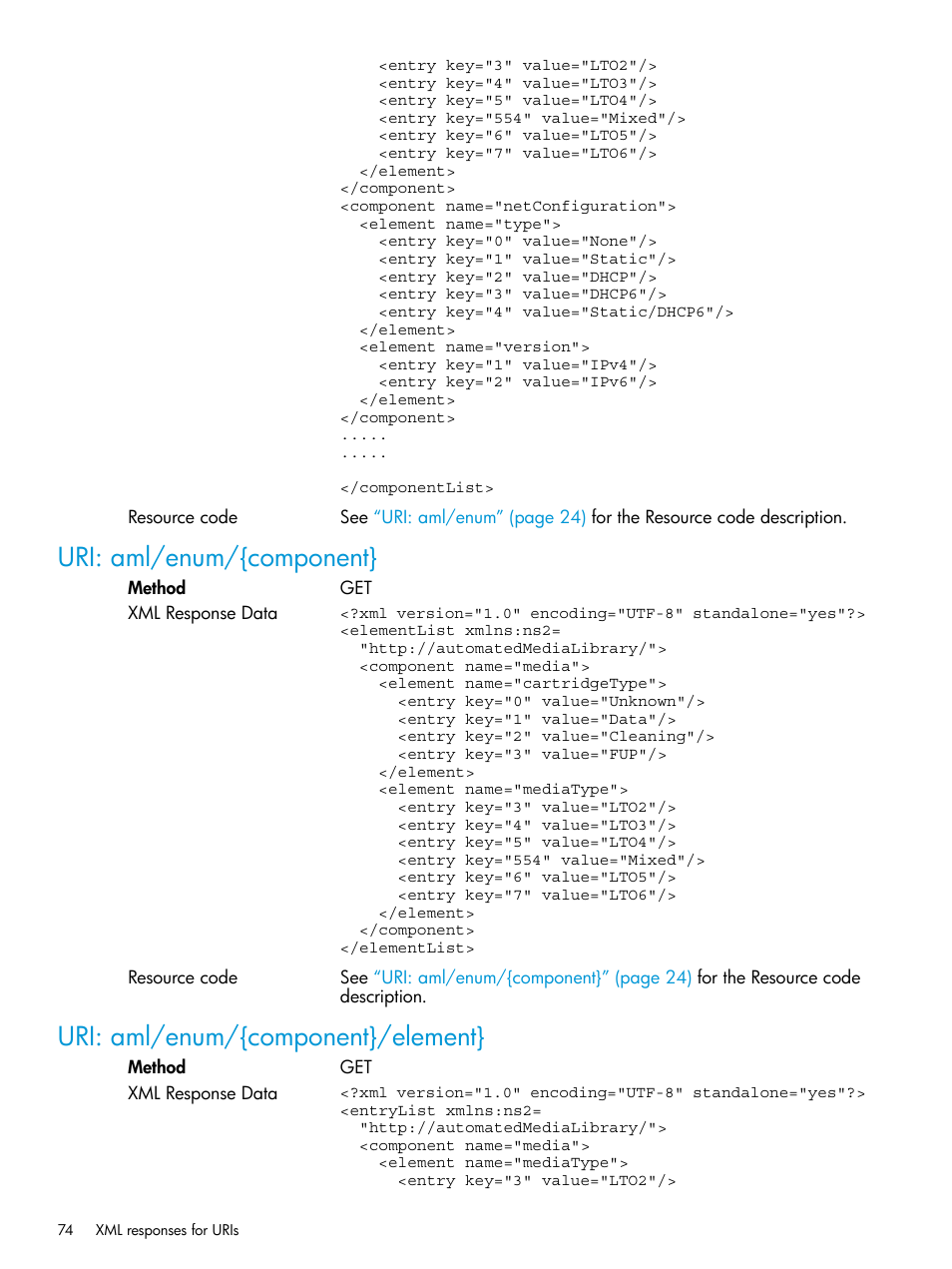 Uri: aml/enum/{component, Uri: aml/enum/{component}/element | HP StoreEver ESL G3 Tape Libraries User Manual | Page 74 / 107