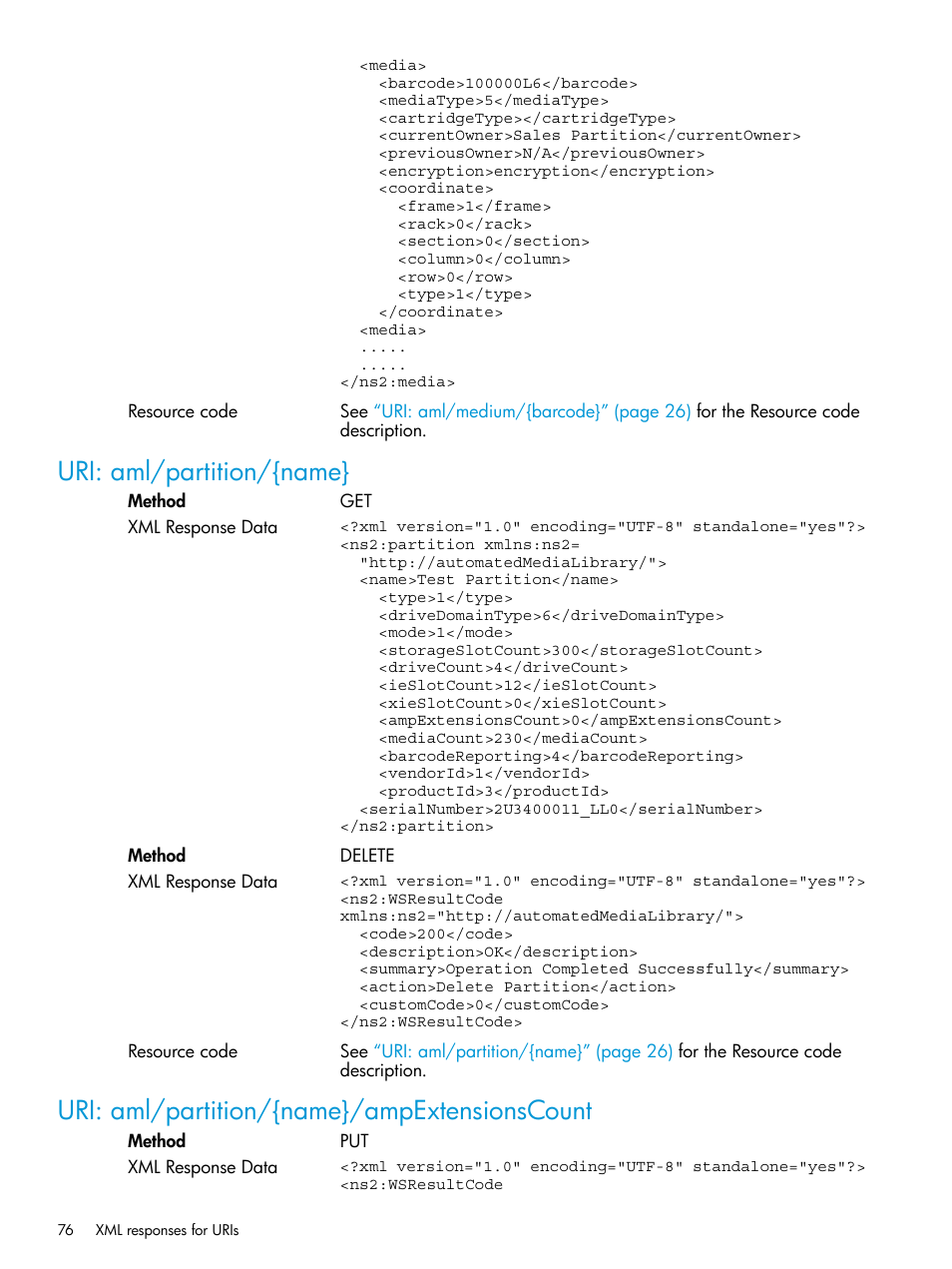 Uri: aml/partition/{name, Uri: aml/partition/{name}/ampextensionscount | HP StoreEver ESL G3 Tape Libraries User Manual | Page 76 / 107