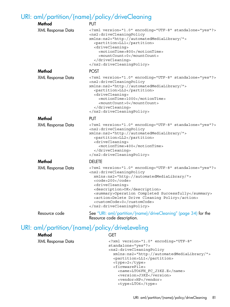 Uri: aml/partition/{name}/policy/drivecleaning, Uri: aml/partition/{name}/policy/driveleveling | HP StoreEver ESL G3 Tape Libraries User Manual | Page 81 / 107