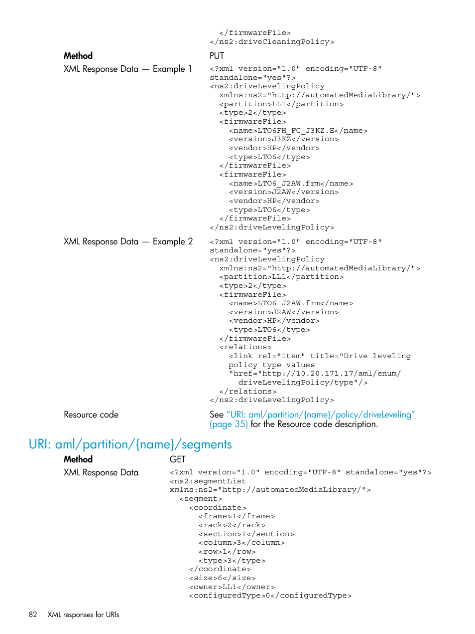 Uri: aml/partition/{name}/segments | HP StoreEver ESL G3 Tape Libraries User Manual | Page 82 / 107