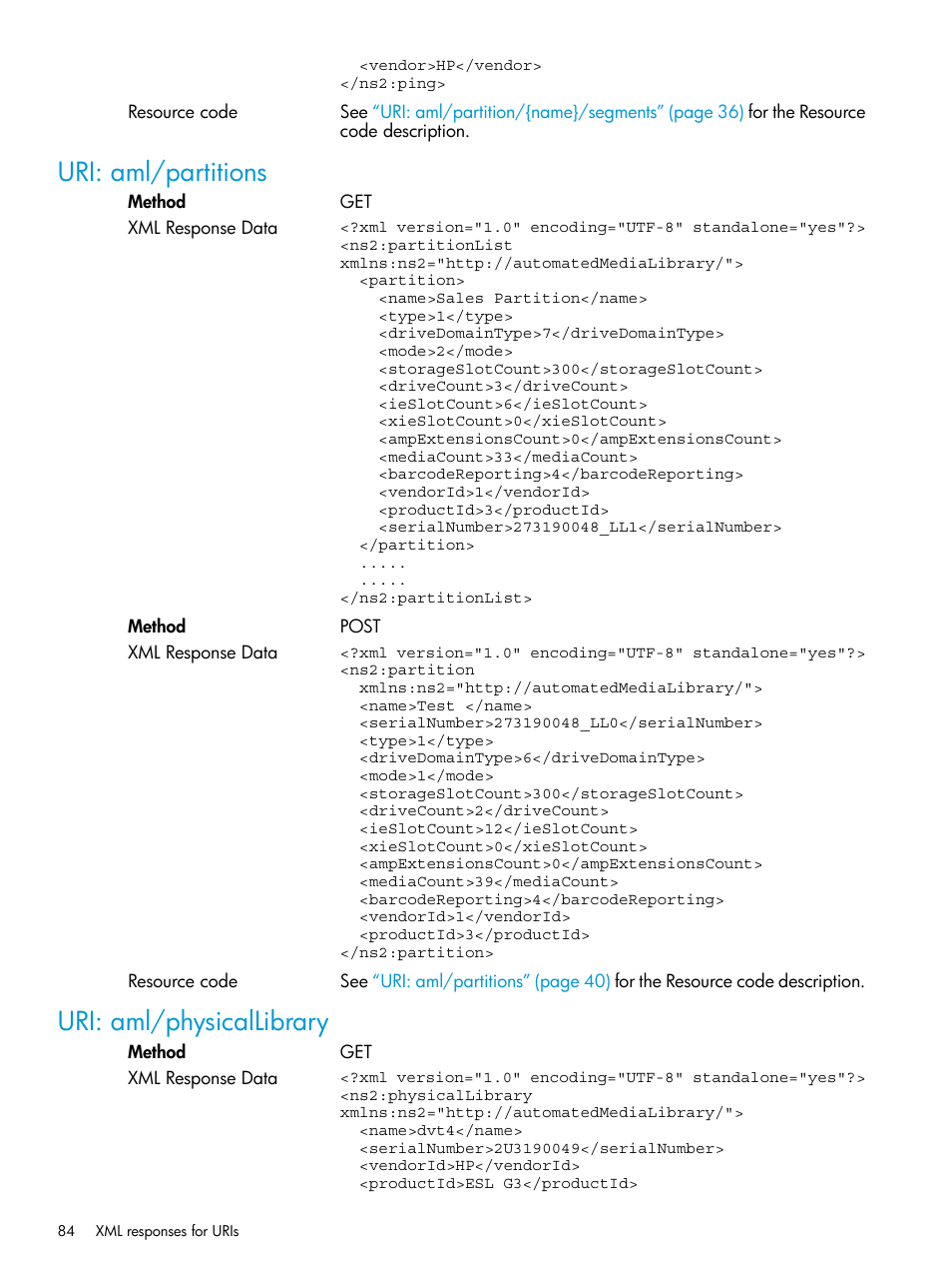 Uri: aml/partitions, Uri: aml/physicallibrary, Uri: aml/partitions uri: aml/physicallibrary | HP StoreEver ESL G3 Tape Libraries User Manual | Page 84 / 107