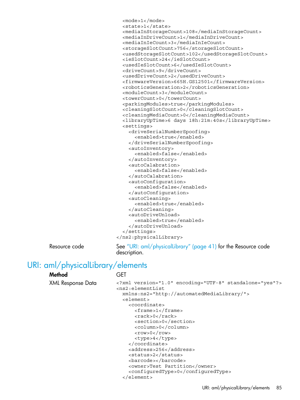 Uri: aml/physicallibrary/elements | HP StoreEver ESL G3 Tape Libraries User Manual | Page 85 / 107