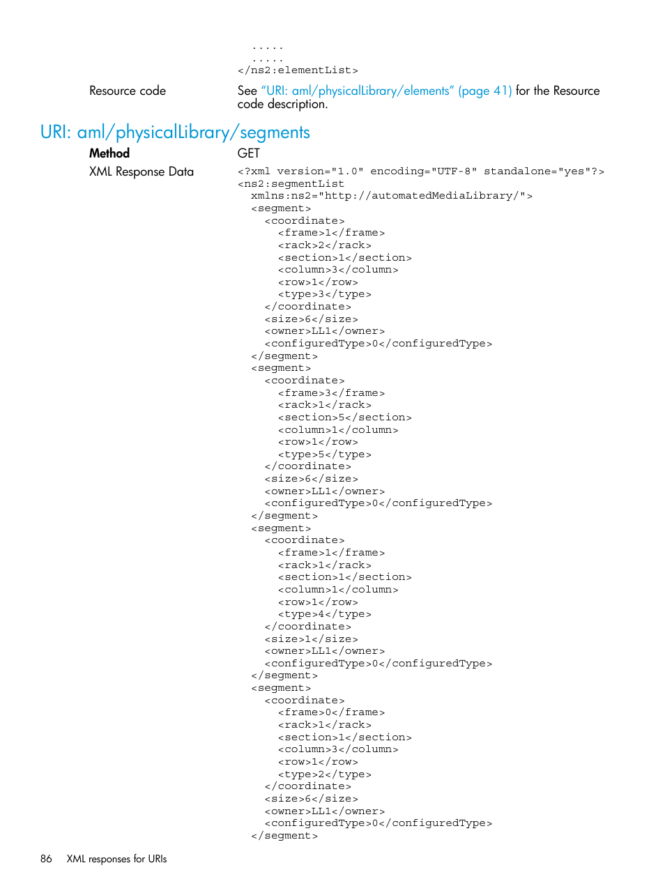 Uri: aml/physicallibrary/segments | HP StoreEver ESL G3 Tape Libraries User Manual | Page 86 / 107