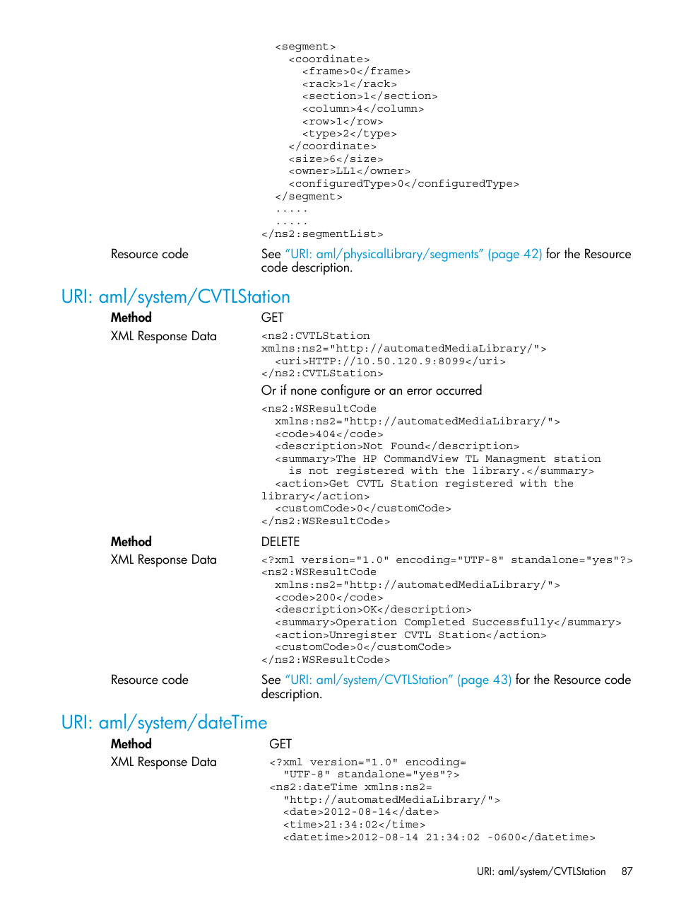 Uri: aml/system/cvtlstation, Uri: aml/system/datetime | HP StoreEver ESL G3 Tape Libraries User Manual | Page 87 / 107