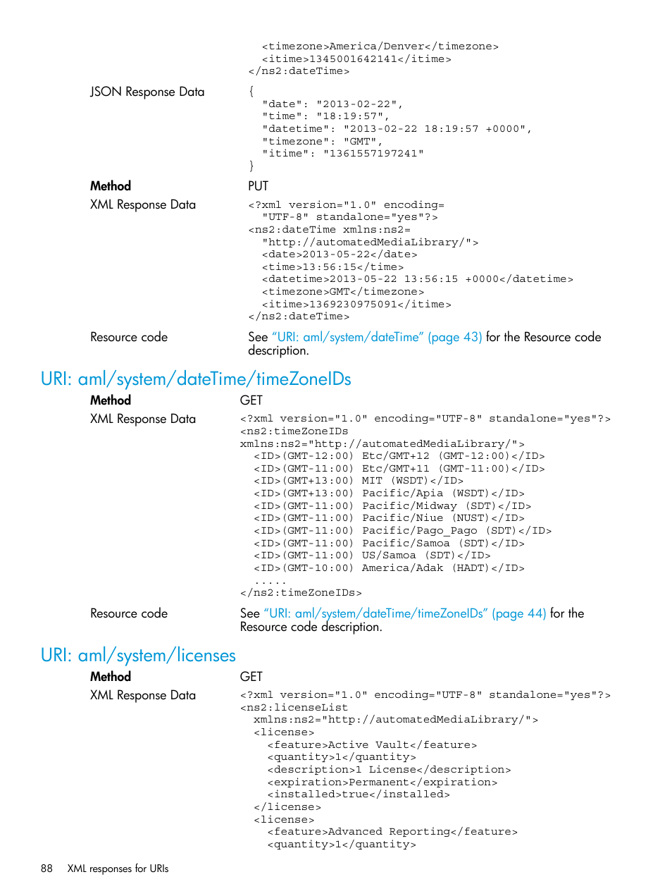 Uri: aml/system/datetime/timezoneids, Uri: aml/system/licenses | HP StoreEver ESL G3 Tape Libraries User Manual | Page 88 / 107
