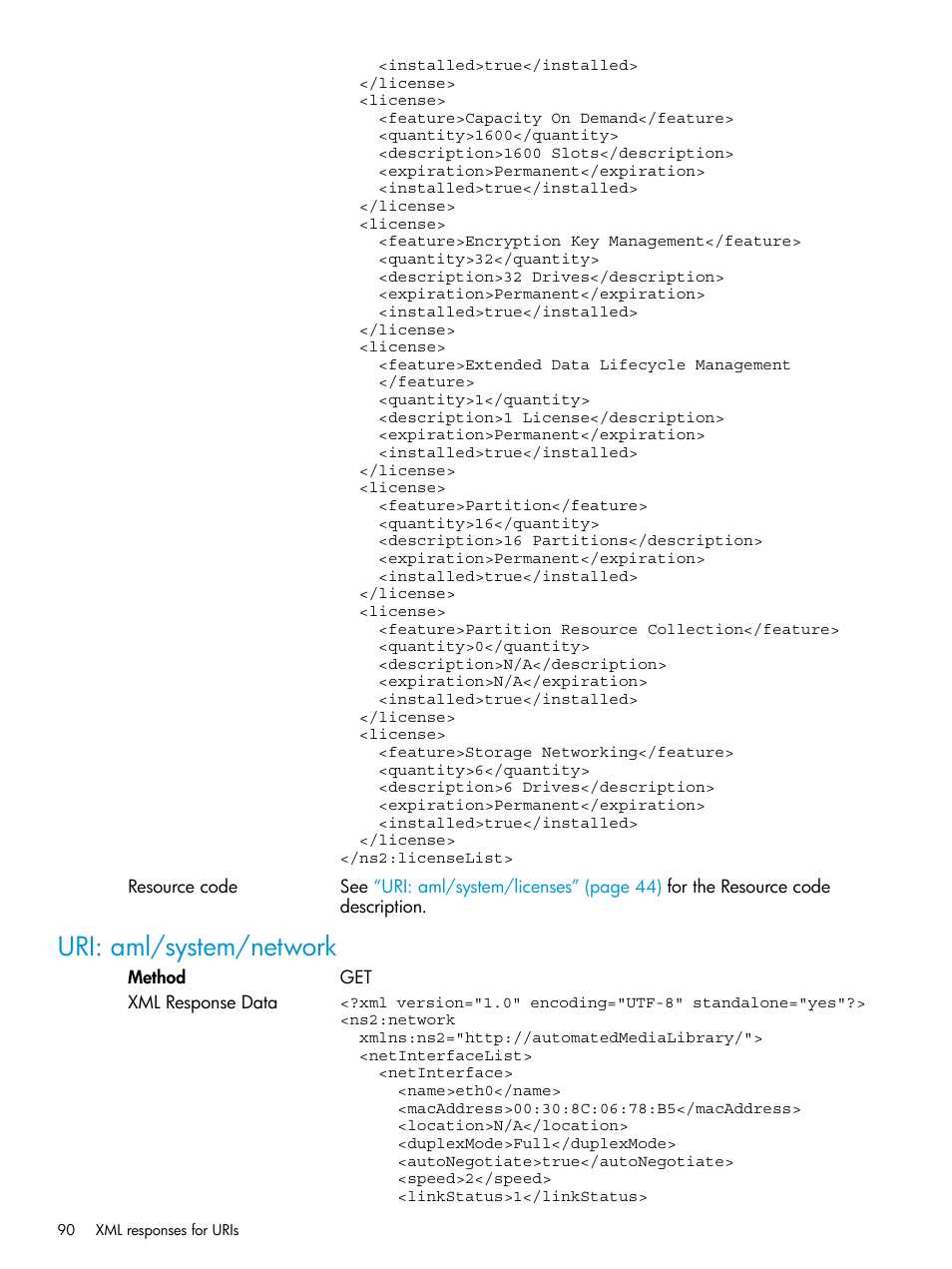 Uri: aml/system/network | HP StoreEver ESL G3 Tape Libraries User Manual | Page 90 / 107