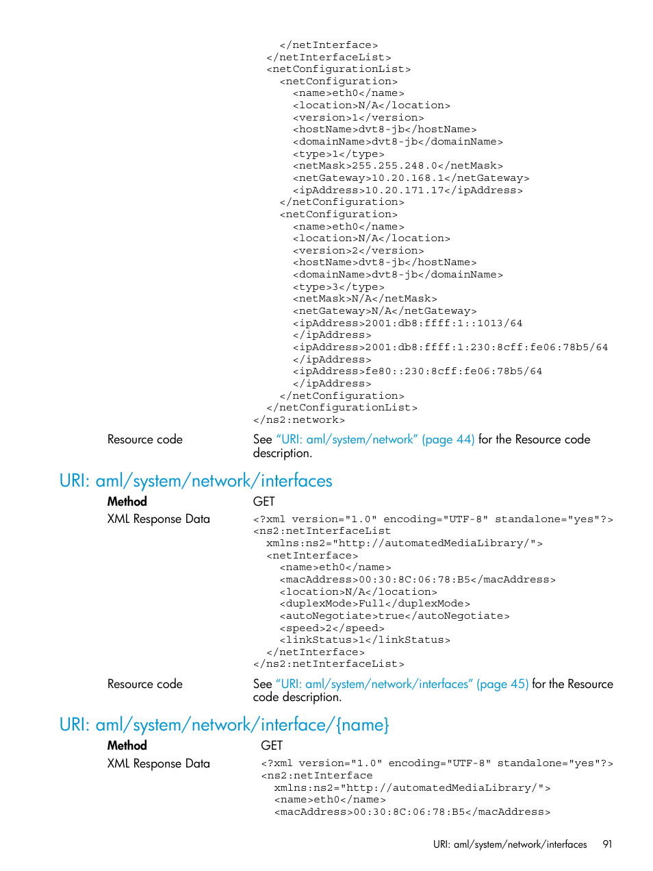 Uri: aml/system/network/interfaces, Uri: aml/system/network/interface/{name | HP StoreEver ESL G3 Tape Libraries User Manual | Page 91 / 107
