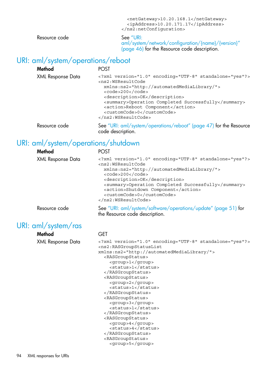 Uri: aml/system/operations/reboot, Uri: aml/system/operations/shutdown, Uri: aml/system/ras | HP StoreEver ESL G3 Tape Libraries User Manual | Page 94 / 107