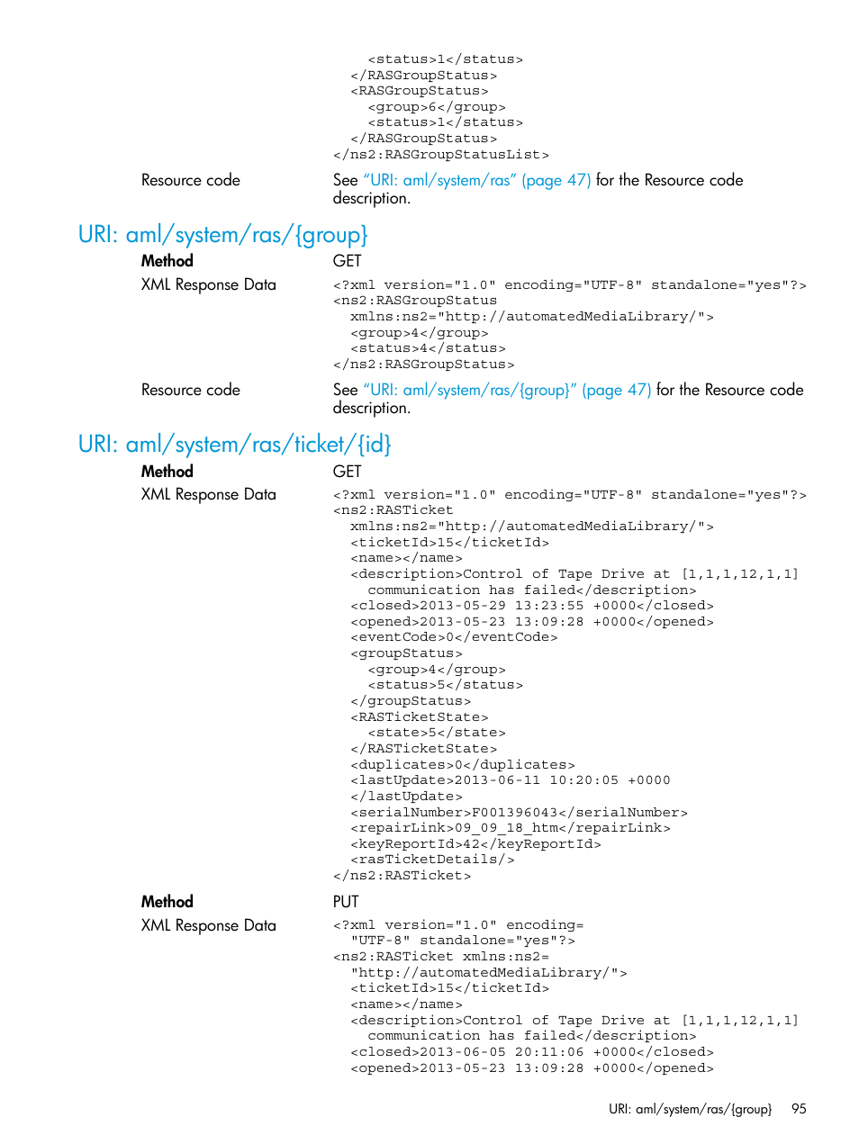 Uri: aml/system/ras/{group, Uri: aml/system/ras/ticket/{id | HP StoreEver ESL G3 Tape Libraries User Manual | Page 95 / 107