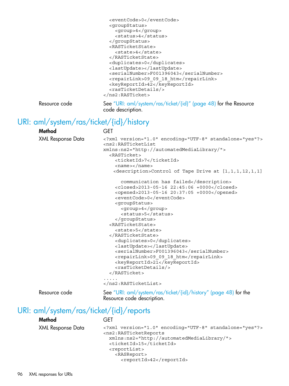 Uri: aml/system/ras/ticket/{id}/history, Uri: aml/system/ras/ticket/{id}/reports | HP StoreEver ESL G3 Tape Libraries User Manual | Page 96 / 107