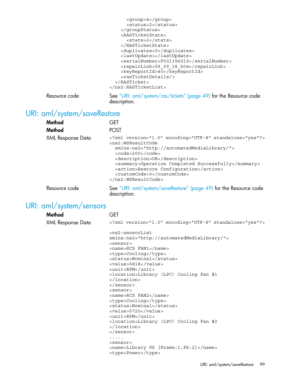 Uri: aml/system/saverestore, Uri: aml/system/sensors | HP StoreEver ESL G3 Tape Libraries User Manual | Page 99 / 107